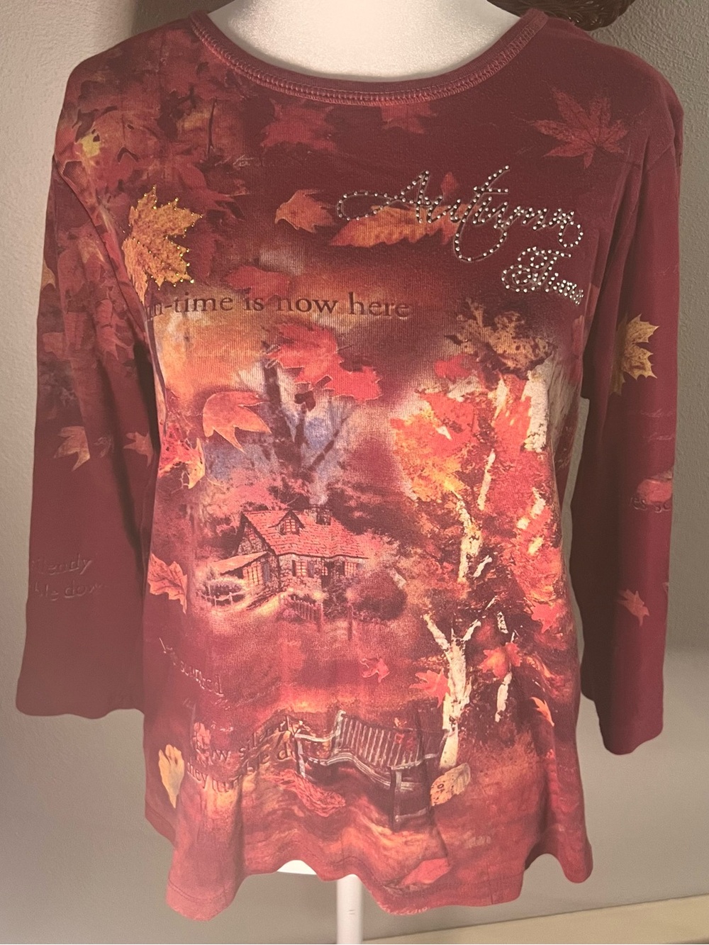 Studio Gem Q Autumn Time Graphic Shirt Burgundy Red Leaves Size S